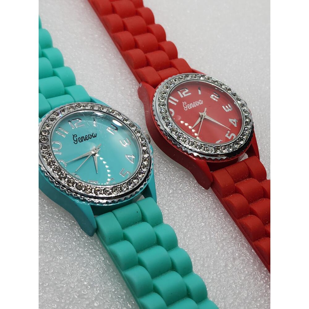 Crystal Gem accent Bling Iced Red Turquoise Blue/Green 2 watch lot Xmas bundle - Picture 4 of 7
